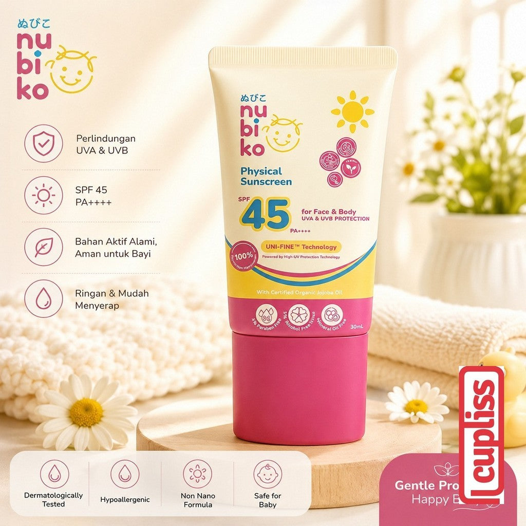 Nubiko 30ml Physical Sunscreen uVA UVB SPF45 Jojoba Oil Sunblock Kulit Matahari SPF 45 Anak Bayi