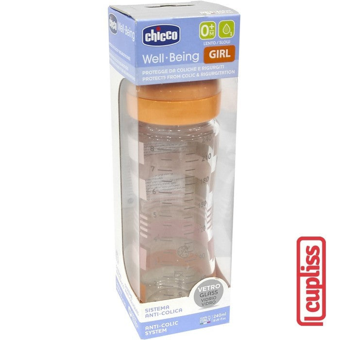 CHICCO Bottle Well Being Glass 0M+ 240 ml Orange Botol Susu Kaca 240ml