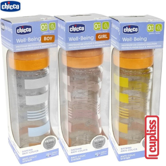 CHICCO Bottle Well Being Glass 0M+ 240 ml Orange Botol Susu Kaca 240ml