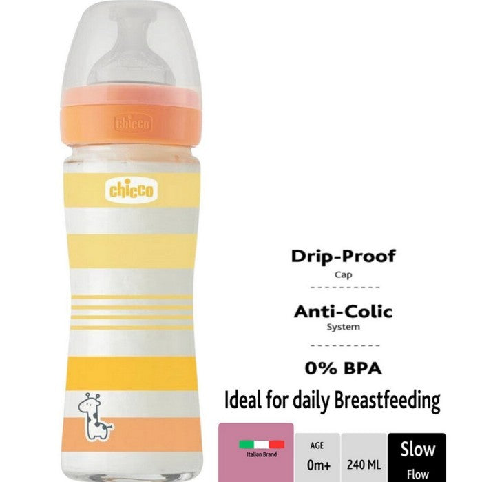 CHICCO Bottle Well Being Glass 0M+ 240 ml Orange Botol Susu Kaca 240ml