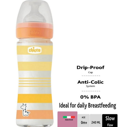 CHICCO Bottle Well Being Glass 0M+ 240 ml Orange Botol Susu Kaca 240ml