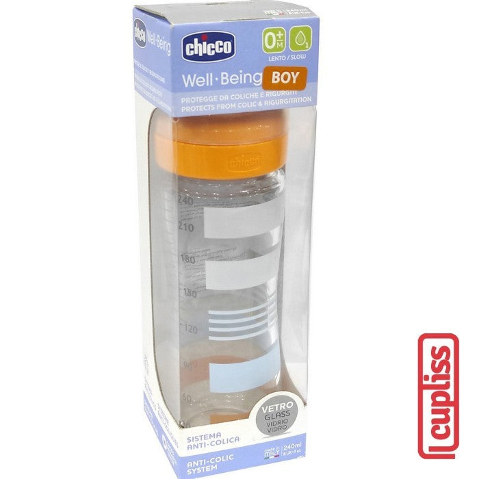 CHICCO Bottle Well Being Glass 0M+ 240 ml Orange Botol Susu Kaca 240ml