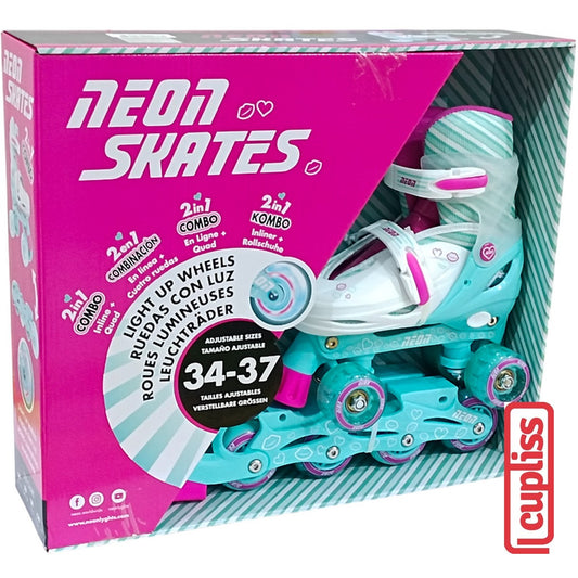 Neon Skates Combo Sepatu Roda Inline Quad 2in1 Roller Blade Teal Pink Lyghts