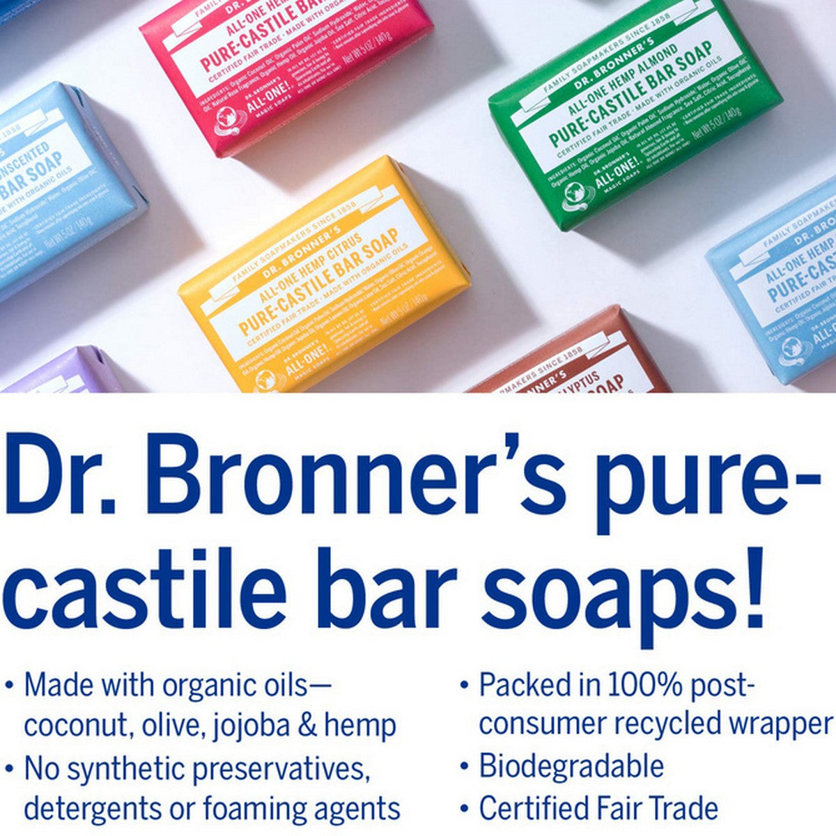 Dr.Bronner's Castile Bar Soap Organic 140gr All One Pure 140 gr Sabun Batang Organik Dr Bronners