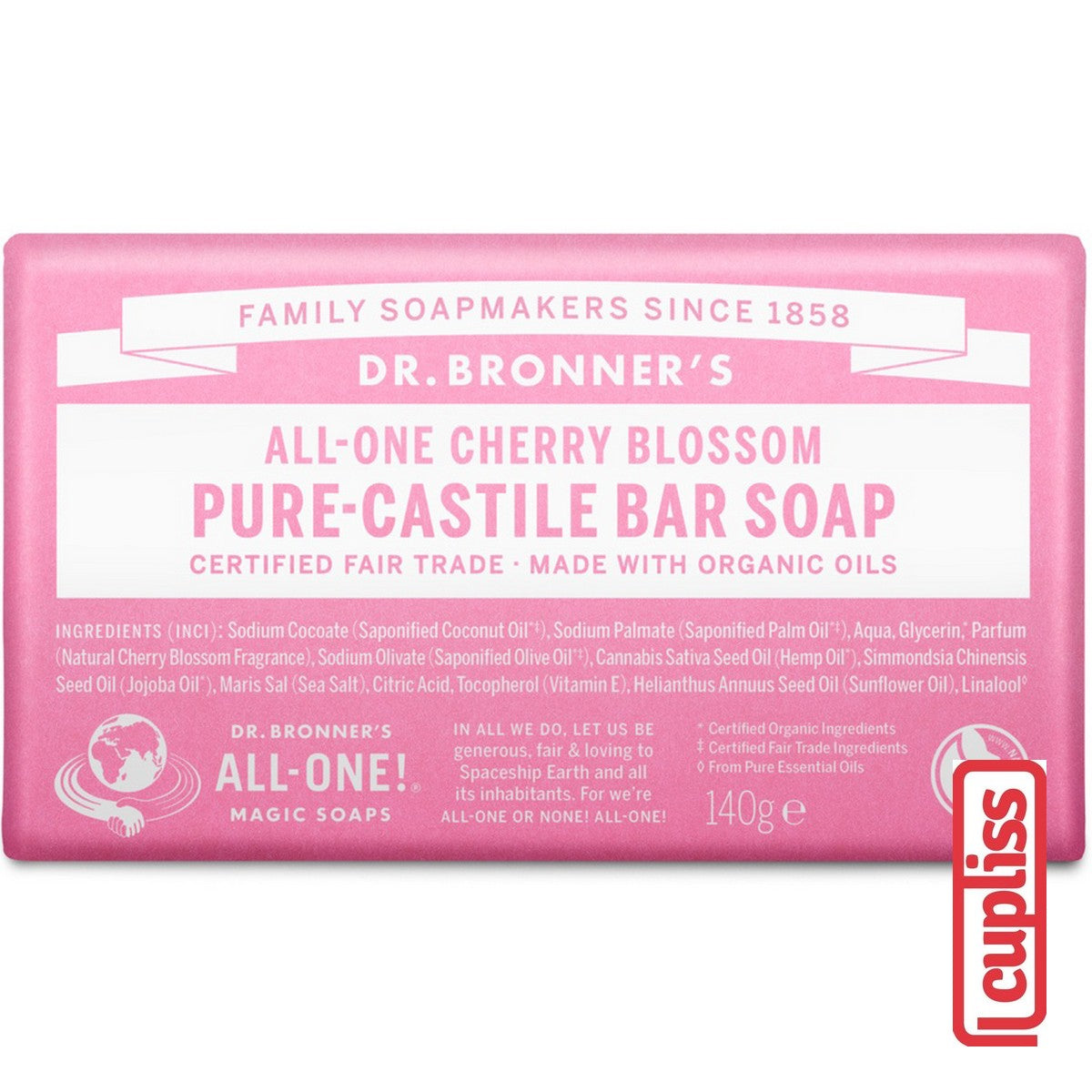 Dr.Bronner's Castile Bar Soap Organic 140gr All One Pure 140 gr Sabun Batang Organik Dr Bronners