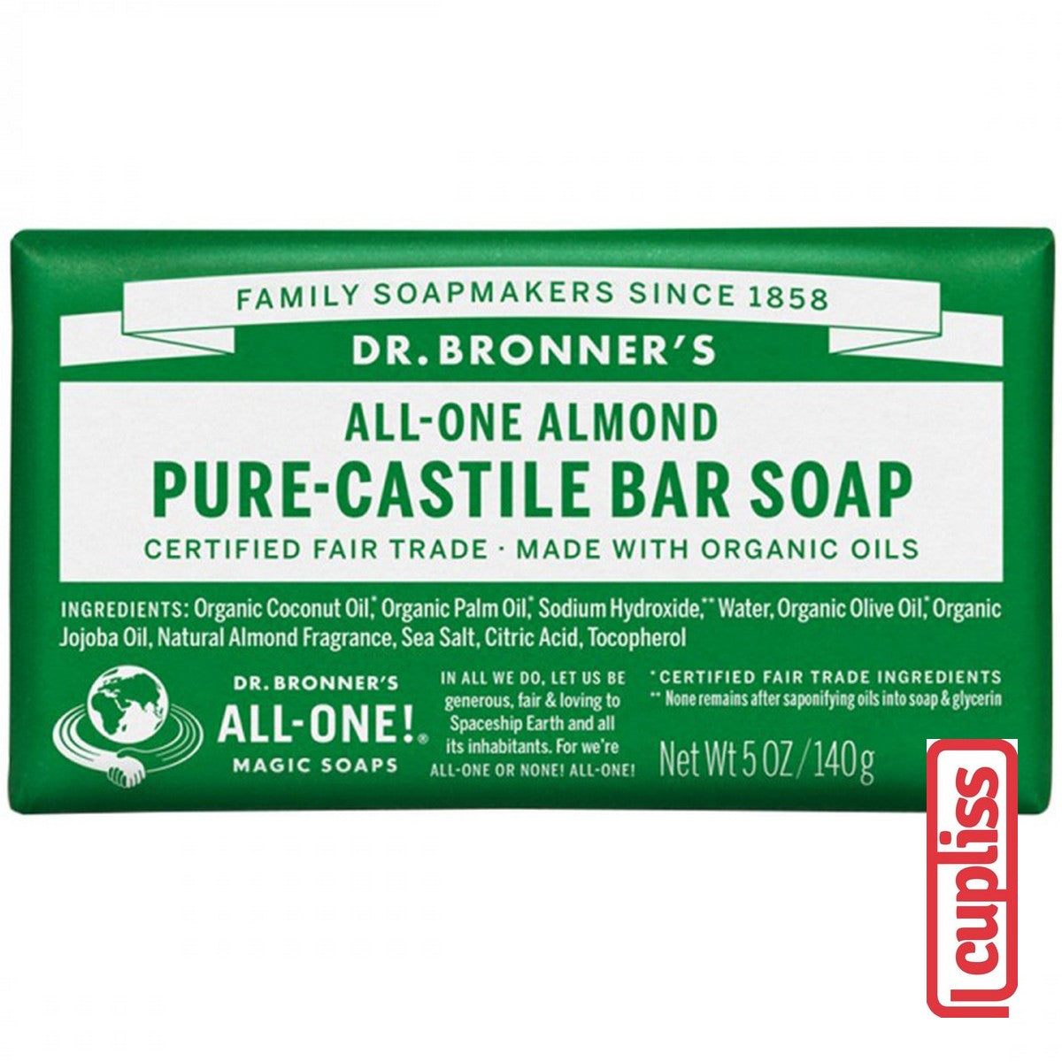 Dr.Bronner's Castile Bar Soap Organic 140gr All One Pure 140 gr Sabun Batang Organik Dr Bronners