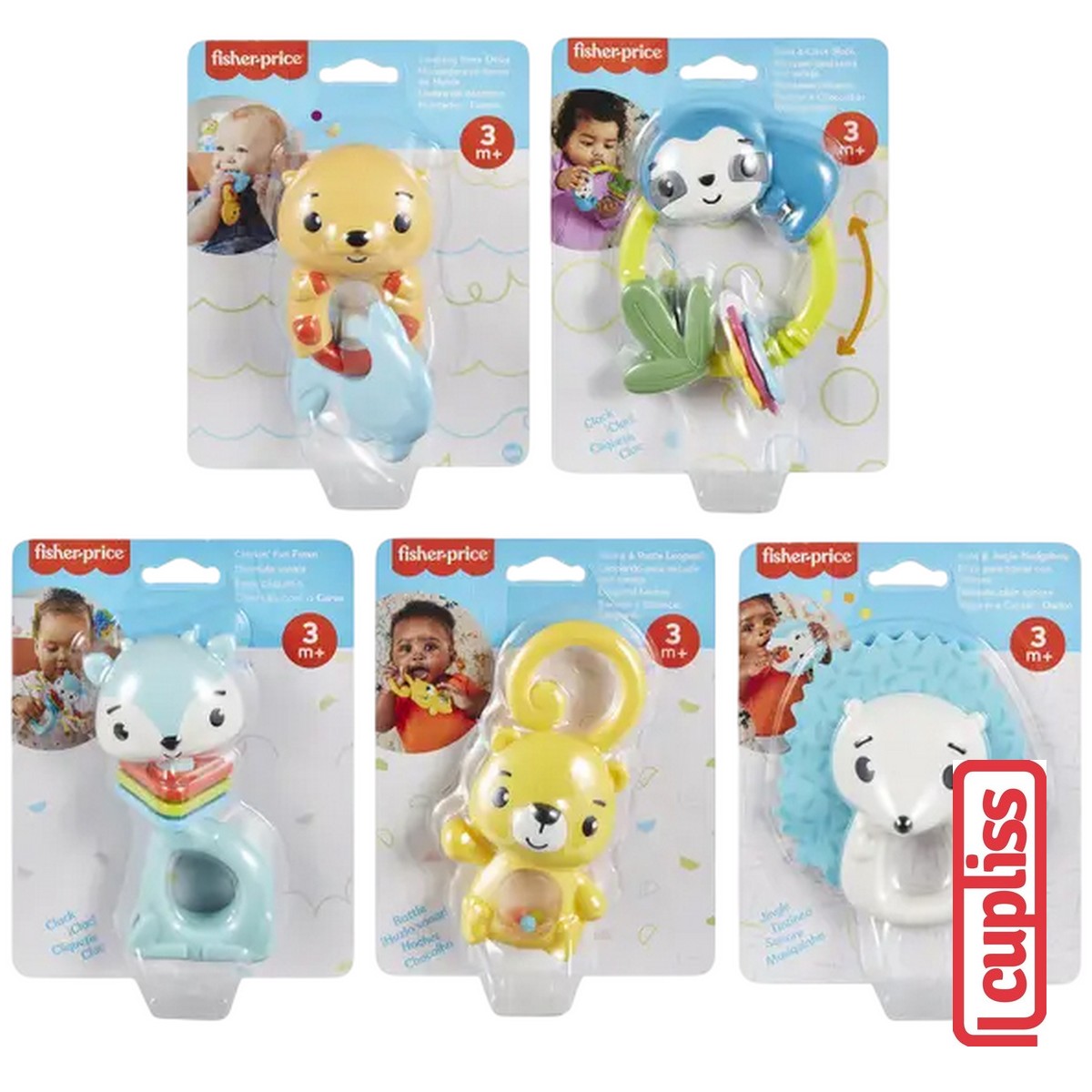 Fisher Price HJW11 Rattle Assortment Fawn Otter Sloth Leopard Hedgehog Mainan Gigitan Bayi Anak