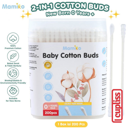 Mamiko Cotton Bud 2in1 Pembersih Telinga Buds Korek Kuping Bayi Spiral Cekung 2 Sisi