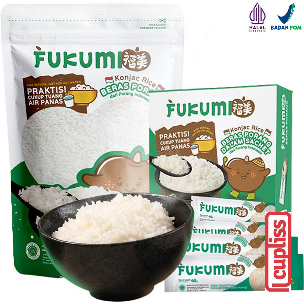 FUKUMI Beras Porang Shirataki Konjac Rice Box Sachet MPASI Instant Anak Sehat Praktis Diet Pouch 1kg Sendok Takar Glucose Meter