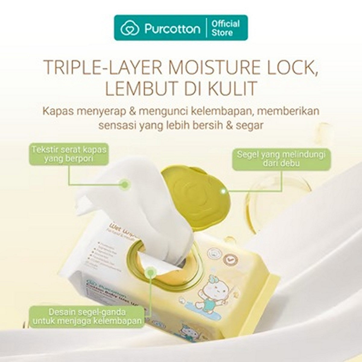 Purcotton Cotton Baby Wet Wipes Tisu Basah Bayi 65gr Pure Water Wipe 20 80 sheet