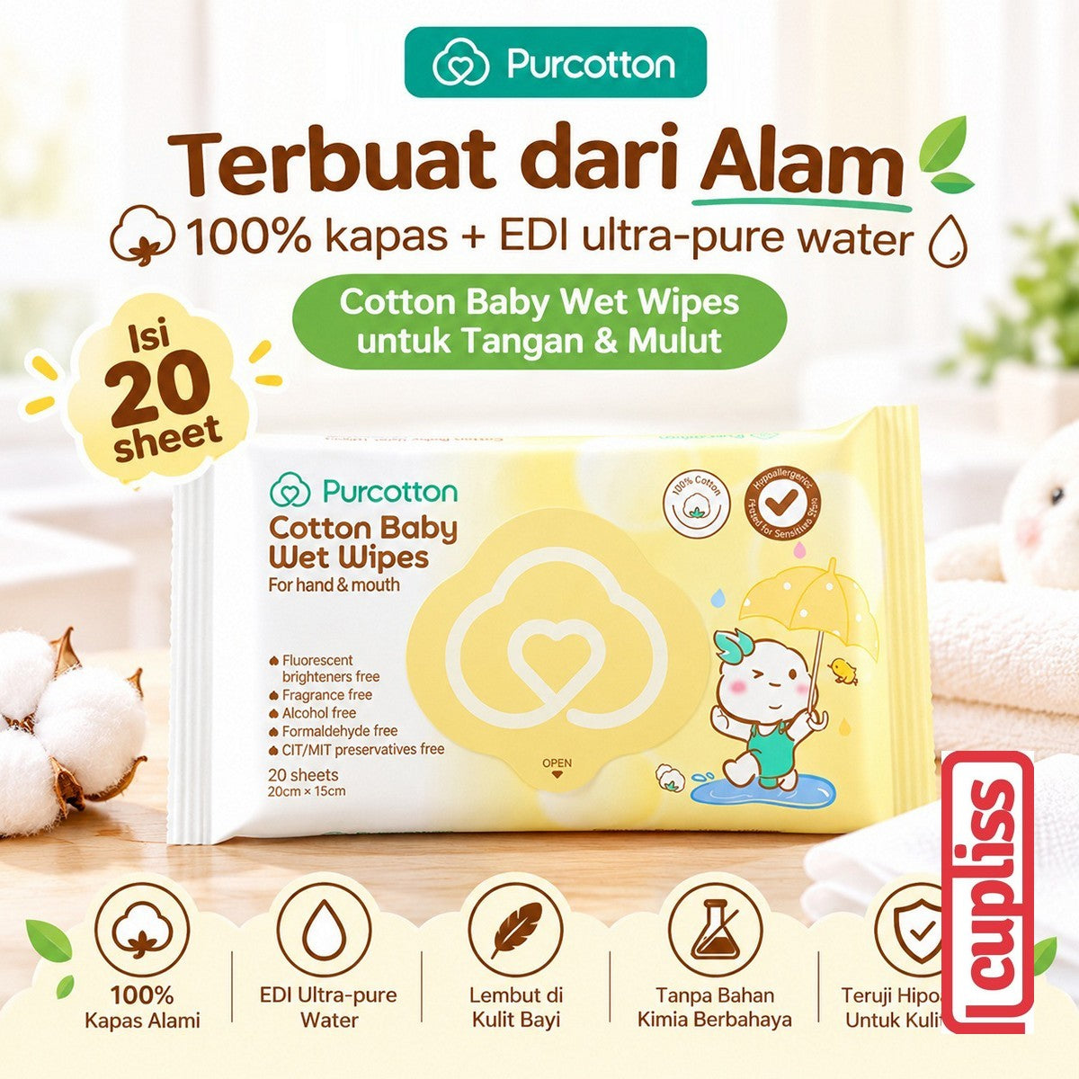 Purcotton Cotton Baby Wet Wipes Tisu Basah Bayi 65gr Pure Water Wipe 20 80 sheet