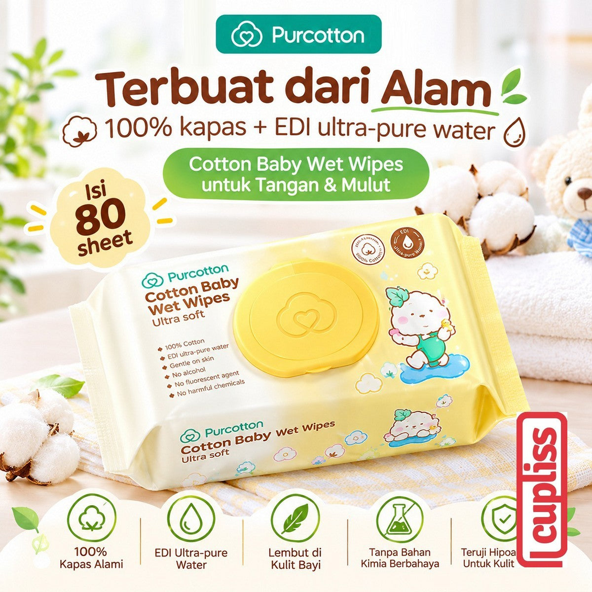 Purcotton Cotton Baby Wet Wipes Tisu Basah Bayi 65gr Pure Water Wipe 20 80 sheet
