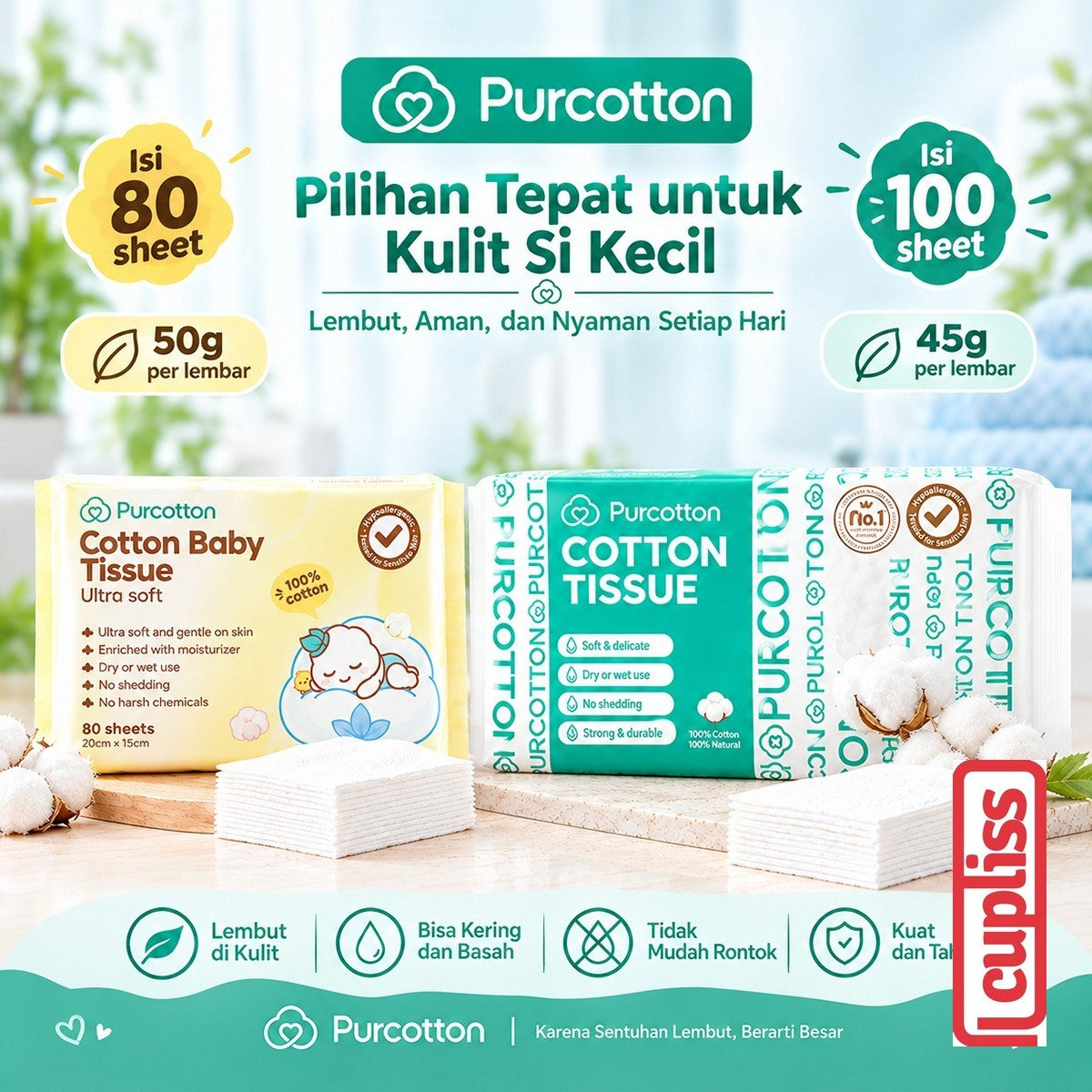 Purcotton Natural Cotton Baby Tissue Tisu Wajah Kapas Bayi Lembut 50 60 100 sheet