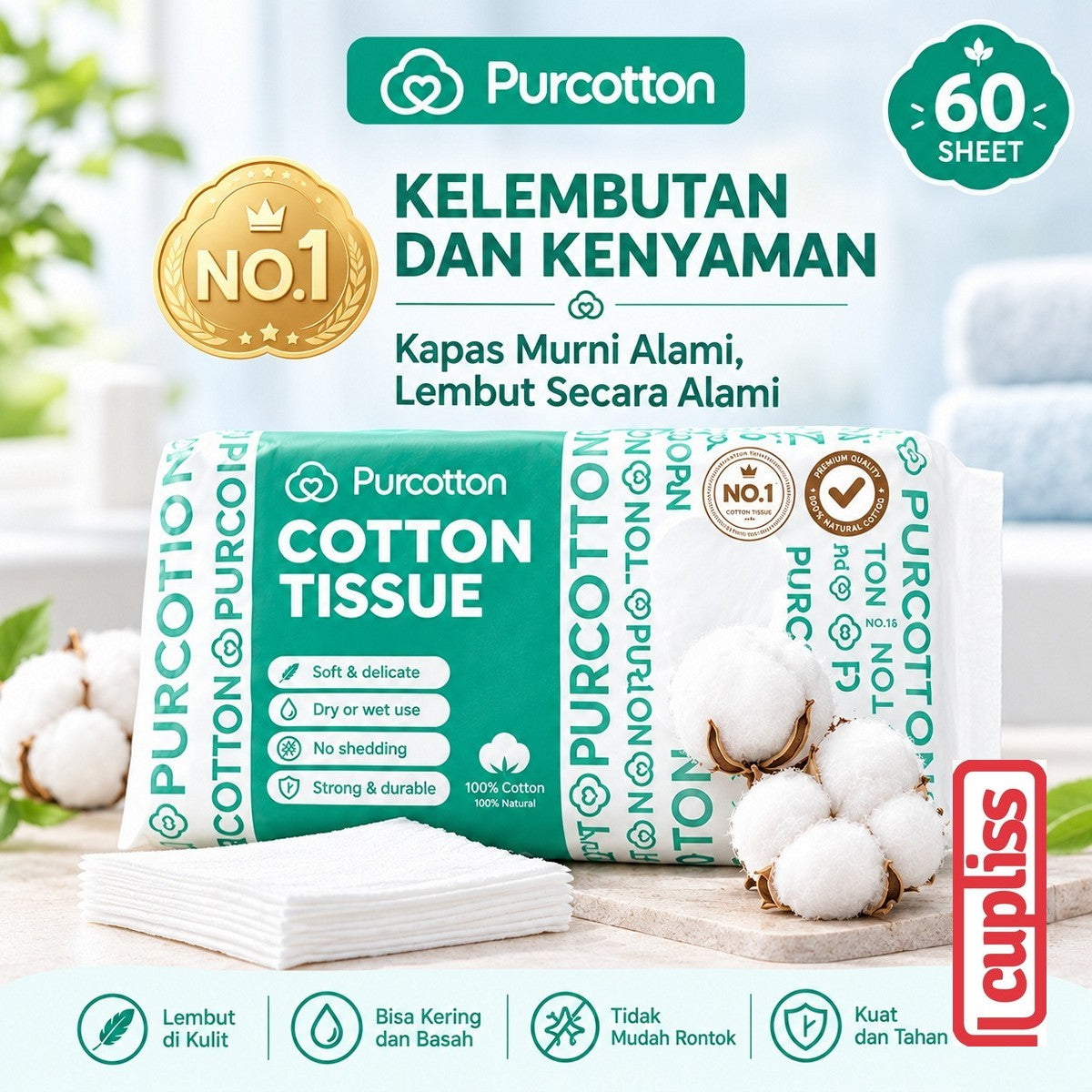 Purcotton Natural Cotton Baby Tissue Tisu Wajah Kapas Bayi Lembut 50 60 100 sheet