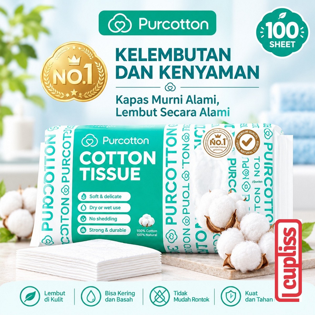 Purcotton Natural Cotton Baby Tissue Tisu Wajah Kapas Bayi Lembut 50 60 100 sheet