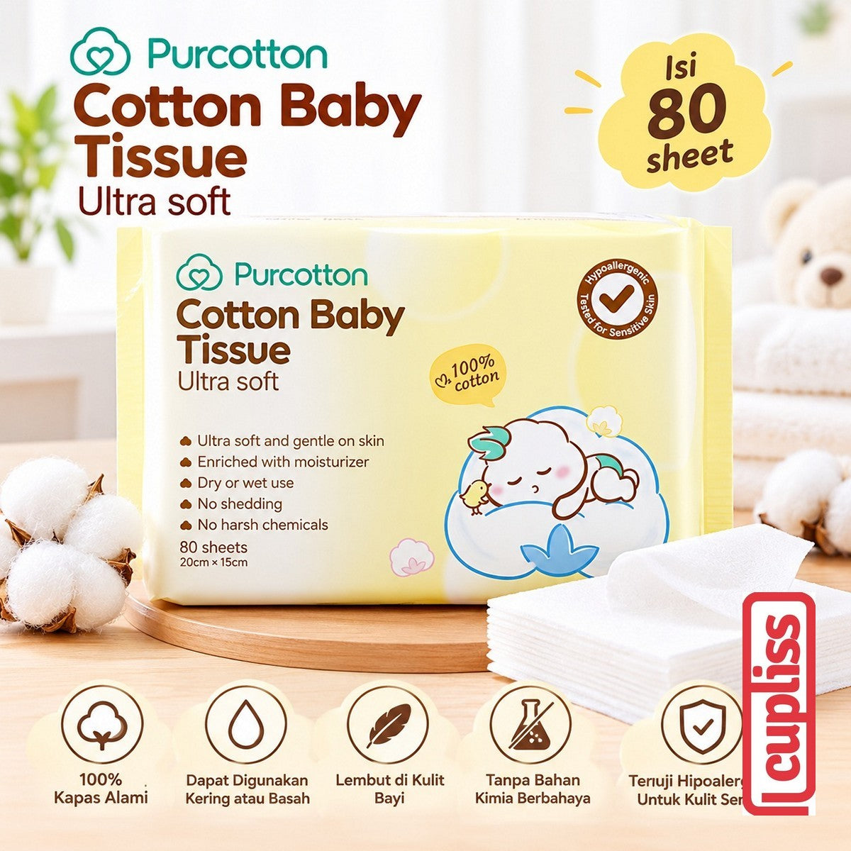 Purcotton Natural Cotton Baby Tissue Tisu Wajah Kapas Bayi Lembut 50 60 100 sheet